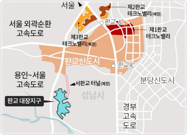 서판교 터널(예정) 수혜가 기대되는 판교대장지구 위치도