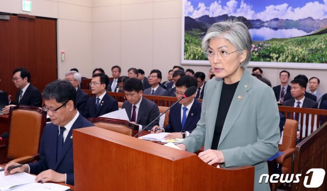 강경화 외교부 장관이 25일 서울 여의도 국회 외교통일위원회 전체회의에서 업무보고를 하고 있다. 이날 국회 외통위는 북한 목선을 비롯해 외교 안보 현안 보고를 받았다. 2019.6.25/뉴스1 © News1