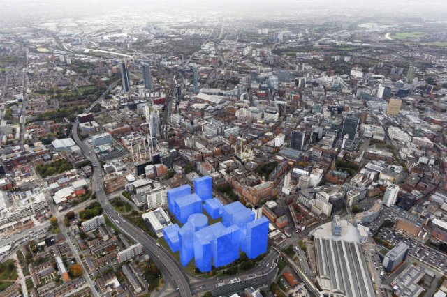 연구, 상업, 주거 등 복합시설 건설이 추진되는 영국 맨체스터대 북부 캠퍼스. 가상의 파란색 도형이 기존 건물을 헐고 새로 지을 건물이다. 출처 파이낸셜타임스