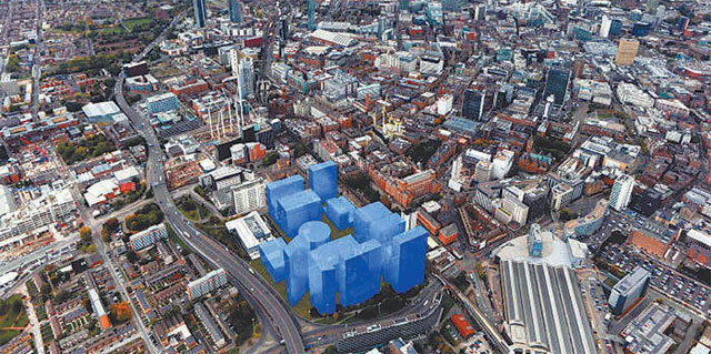연구, 상업, 주거 등 복합시설 건설이 추진되는 영국 맨체스터대 북부 캠퍼스. 가상의 파란색 도형이 기존 건물을 헐고 새로 지을 건물이다. 사진 출처 파이낸셜타임스