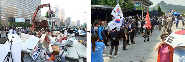 25일 오전 서울 광화문광장에 있던 우리공화당 천막 3동을 강제 철거한 서울시 측이 각종 집기와 잔해를 모아 청소차에 옮겨 싣고 
있다(왼쪽 사진). 하지만 이날 오후 공화당 측은 원래 천막을 설치했던 장소에 천막과 그늘막 등 6동을 다시 쳤다. 양회성 
yohan@donga.com·변영욱  기자