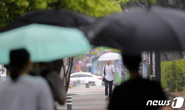 장마가 시작된 26일 전북 전주시 전북대학교에서 학생들이 우산으로 비를 피하며 교정을 걷고 있다. 전주기상지청은 27일 오전까지 비가 내릴 것으로 예보했다.2019.6.26/뉴스1 © News1
