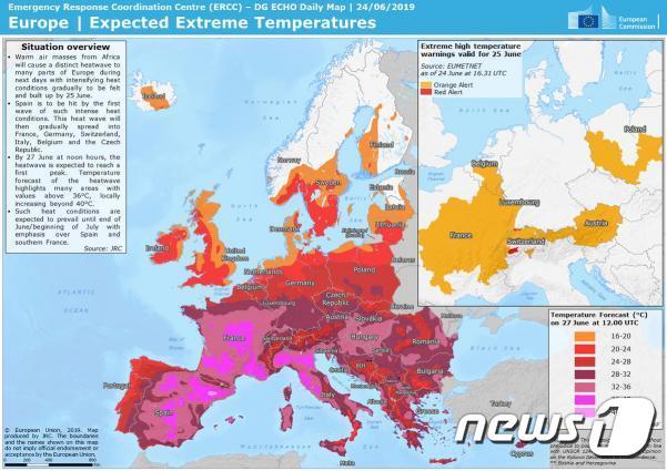 유럽 남부를 중심으로 대부분 지역에서 27일 기온이 섭씨 28~40도로 나타나고 있다.  © 뉴스1
