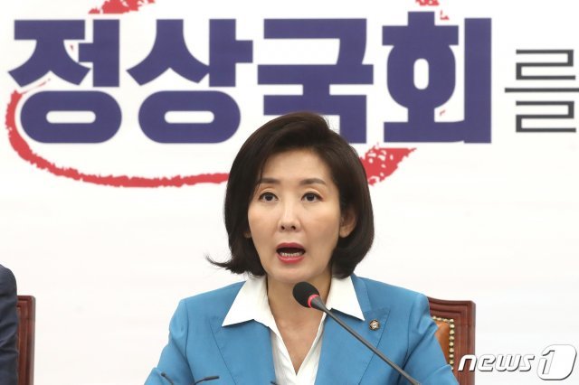 나경원 자유한국당 원내대표가 28일 오전 서울 여의도 국회에서 열린 원내대책회의에서 모두발언을 하고 있다. 2019.6.28/뉴스1 © News1