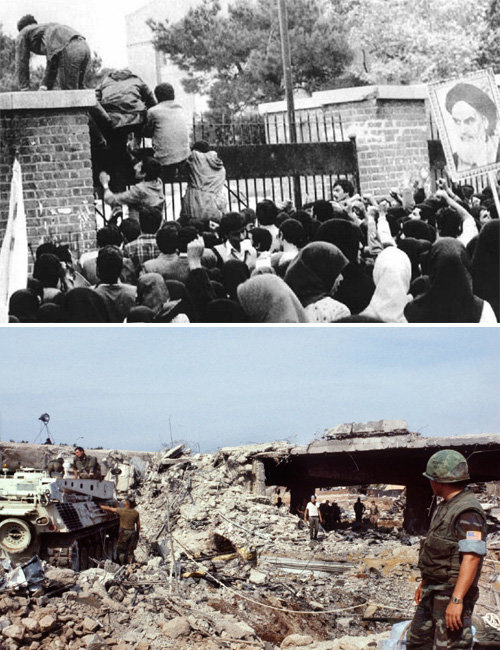 1979년 11월 4일 이란 대학생들이 같은 해 2월 축출된 후 미국으로 피신한 팔레비 왕의 송환을 요구하며 수도 테헤란의 미국대사관을 점거하기 위해 담장을 넘고 있다. 이 사태로 미 외교관과 국민 52명이 444일간 억류됐다(위쪽 사진). 4년 뒤인 1983년 10월 23일 레바논 수도 베이루트에서 친이란 무장정파 헤즈볼라가 미 해병대사령부 건물을 공격해 미군 241명이 숨졌다. 미 해병대원이 테러로 산산이 부서진 건물 잔해에서 수색작업을 벌이고 있다. 사진 출처 위키피디아·CNN 홈페이지