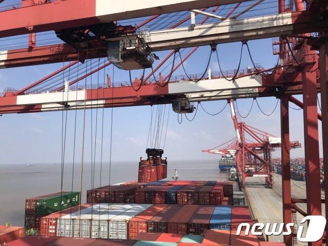 6월23일 중국 상해항 양산터미널에서 하역·선적 작업 중인 HMM 프로미스호. © 뉴스1