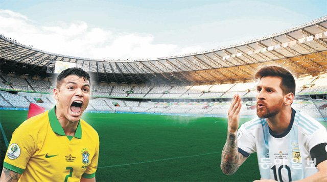 남미 축구 라이벌인 브라질과 아르헨티나가 3일 브라질 벨루오리존치의 미네이랑 경기장에서 2019 코파아메리카 준결승 맞대결을 펼친다. 수비수 치아구 시우바(왼쪽)를 앞세운 브라질은 5년 전 월드컵에서 독일에 참패를 당했던 미네이랑 경기장에서 결승 진출을 이뤄 내겠다는 각오다. 아르헨티나의 리오넬 메시(오른쪽)는 브라질을 누르고 결승에 올라 자신의 첫 메이저 대회 트로피 획득에 도전하겠다는 각오다. 동아일보DB