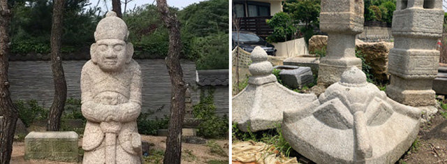 우리옛돌박물관 정원에 환수한 장군석이 설치돼 있다(왼쪽). 환수를 앞두고 일본 현지 정원에 놓여 있는 장명등.