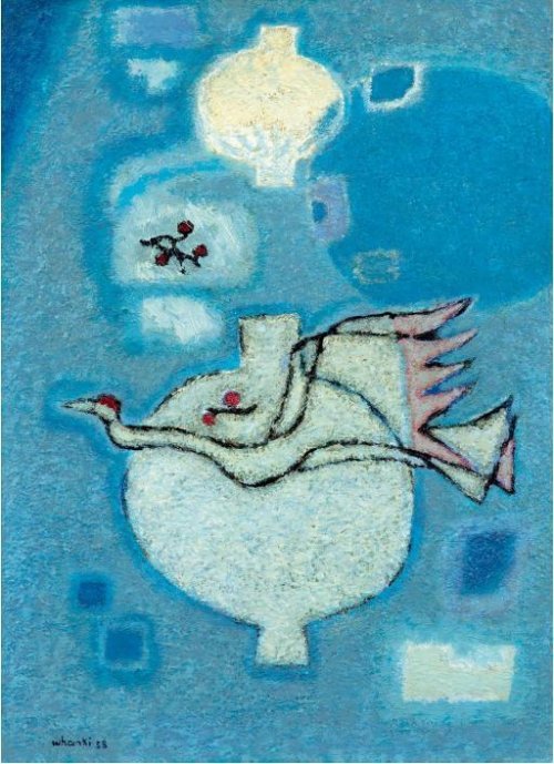 김환기, 항아리와 날으는 새, oil on canvas, 72.7×53㎝(20), 1958, signed on the lower left.(케이옥션 제공)© 뉴스1