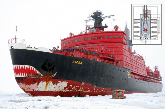 러시아의 원자력 쇄빙선 ‘야말’이 극지를 항해하고 있다. 작은 사진은 울산과학기술원(UNIST)이 개발할 모듈형 소형 원전 개념도. 선박과 잠수함 등에 사용할 수 있고 설치하면 40년 쓸 수 있도록 할 계획이다. 위키미디어·UNIST 제공