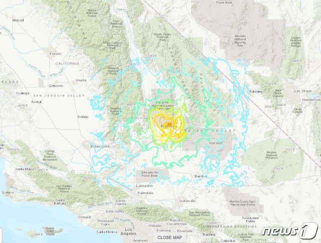 4일(현지시간) 미국 캘리포니아 남부 리지크레스트시 부근에서 규모 6.4의 강진이 발생했다(지도 출처: USGS 홈페이지). © 뉴스1