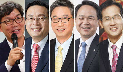 이대훈 NH농협은행장, 손태승 우리은행장, 허인 KB국민은행장, 진옥동 신한은행장, 지성규 KEB하나은행장(왼쪽부터). 시중은행장들이 2019년 하반기 경영키워드로 ‘디지털 역량 강화’를 강조하고 있다. 사진제공｜NH농협·우리·KB국민·신한·KEB하나은행