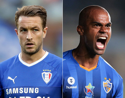 K리그1 득점왕 레이스에 돌발 변수가 생겼다. 득점랭킹 1, 2위인 페시치(서울)와 김신욱(전북)이 각각 부상과 이적으로 이탈한 가운데 8골로 3위인 타가트(수원·왼쪽)와 7골로 4위인 주니오(울산)가 반격의 레이스를 펼친다. 사진제공｜한국프로축구연맹