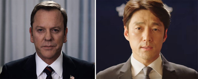 tvN ‘60일, 지정생존자’와 원작 ‘지정생존자’에서 대통령직을 맡은 배우 지진희와 키퍼 서덜랜드(왼쪽 사진). 넷플릭스 제공
