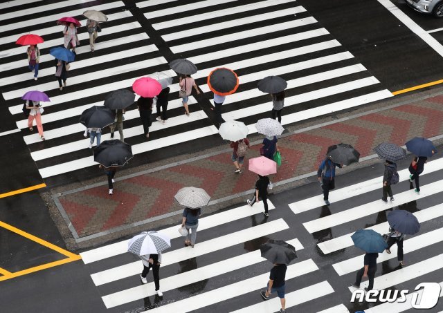 장맛비가 내린 10일 오후 울산시 남구 신정동 한 횡단보도에서 우산을 쓴 시민들이 발걸음을 옮기고 있다. 2019.7.10/뉴스1 © News1