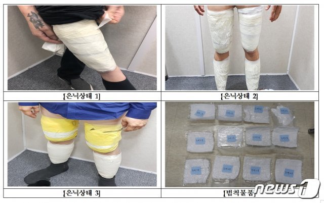 1월14일 인천 공항에서 외부기관 정보입수 및 분석을 통해 허벅지와 종아리 등 신변에 은닉한 메트암페타민 2.9kg 적발 모습. © 뉴스1