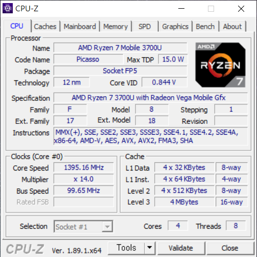 CPU-Z 앱으로 확인한 AMD 라이젠7-3700U 프로세서의 정보 (출처=IT동아)