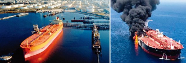 초대형 유조선이 미국 항구의 원유터미널에서 원유를 선적하고 있다(왼쪽). 노르웨이 유조선이 페르시아만 인근 오만해에서 피격돼 검은 연기가 치솟고 있다. [ISNA 통신]
