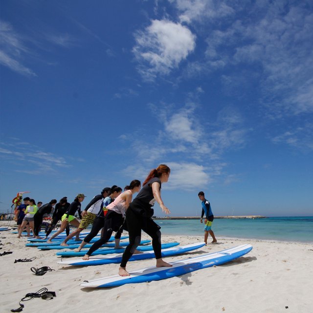 서핑 원데이 클래스 초급반 수업에 참여한 직장인들이 ‘지상 교육’ 과정 중 서핑보드 위에서 중심을 잡는 연습을 하고 있다. 제주도 바구스서핑스쿨 제공