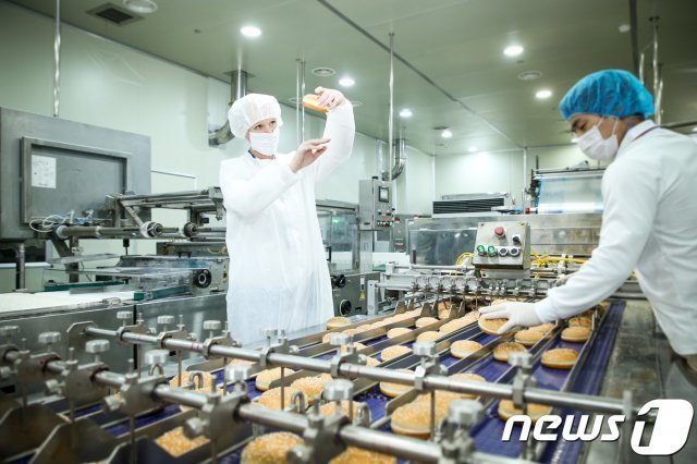 린다 니클라슨(Linda Niklasson)  맥도날드 글로벌 품질 시스템 담당 이사가 햄버거빵의 품질을 살펴보고 있다. © 뉴스1