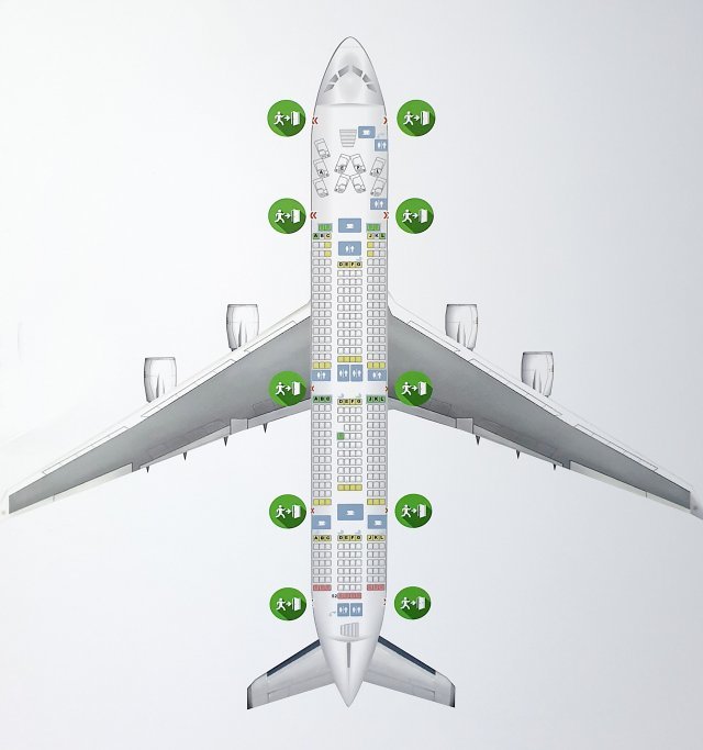 에어버스-A380 주요취항지: 뉴욕, LA
좌석수: 525~853석, 전체길이 72.7m, 날개길이 79.7m, 높이 24m, 
최고속도 1.020km/h, 최대비행거리: 15,700km