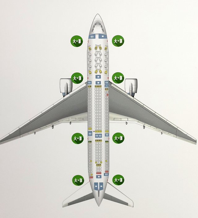 에어버스-A330 주요취항지: 미국, 유럽, 발리 등
좌석수: 246~380석, 전체길이 58.3m, 날개길이 60.3m, 높이 17.3m, 
최고속도 913km/h, 최대비행거리: 13,400km