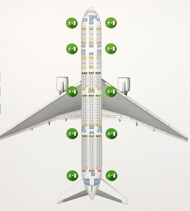 보잉-B777 주요취항지: 미국, 캐나다, 괌 등
좌석수: 305~550석, 전체길이 63.7m, 날개길이 60.9m, 높이 18.5m, 
최고속도 950km/h, 최대비행거리: 14,310km