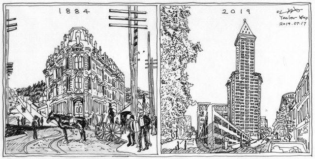 1884년 준공됐지만 화재로 전소된 옥시덴털 호텔(왼쪽)과 현재 그 자리에 들어서 있는 주차장과 스미스 타워. 그림 이중원 교수