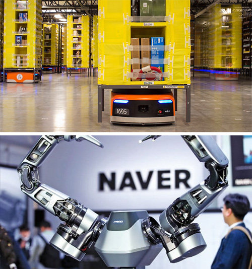 세계
 최대의 온라인상거래업체인 미국 아마존은 물류창고에서 바코드를 읽으며 물건을 옮길 수 있는 로봇인 키바(위쪽 사진)로 기존 인력을
 대체했다. 네이버랩스도 5세대(5G) 통신망과 연결된 ‘브레인리스 로봇’ 시연에 성공했다. 각 업체 제공
