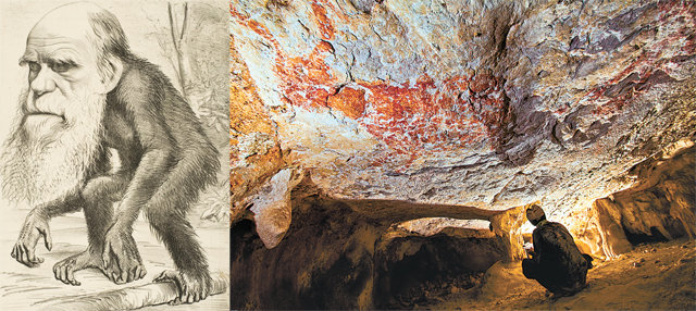 인도네시아 보르네오섬의 한 석회암 동굴에서 발견된 동물을 묘사한 벽화. 이 동굴에는 5만2000년 전에 그려진 것으로 추정된 벽화도 있다. 왼쪽 사진은 진화론을 주장한 다윈을 조롱하는 그림. 사진 출처 위키미디어