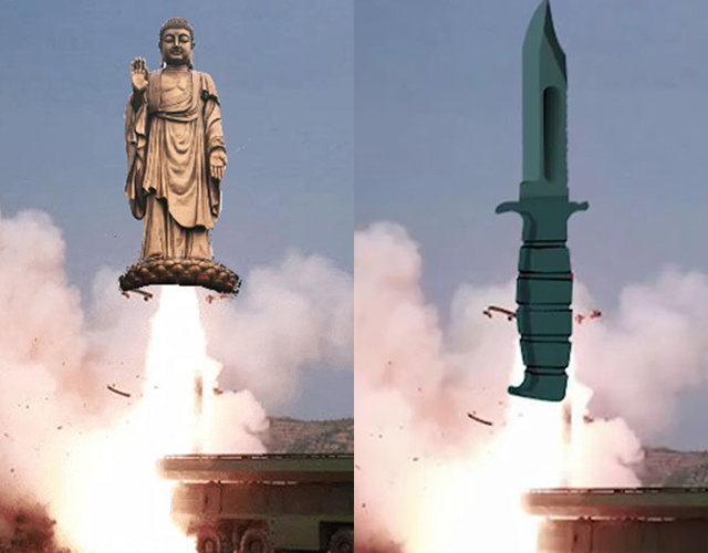 그림 1. 정부가 북한의 미사일에 대한 판단을 미루며 ‘불상의 발사체’라고 하자 네티즌들이 만들어 낸 패러디 물. (왼쪽 사진) ‘단도’ 미사일이라는 발음 실수에 착안해 단도가 하늘로 날아가는 모습을 패러디하기도 했다.