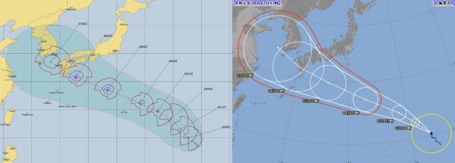미국 합동태풍경보센터(JTWC·왼쪽)와 일본 기상청(오른쪽)의 태풍 프란시스코 예상 이동경로. 한국 기상청의 예상과 비슷한 모습이다.