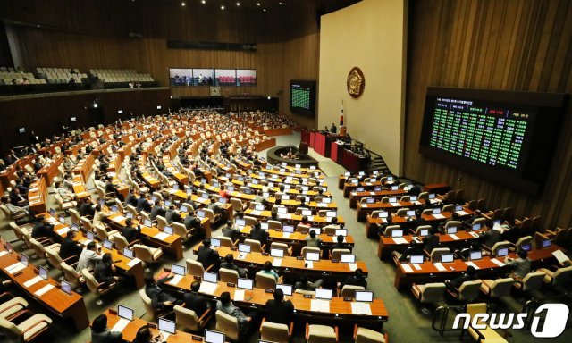 문희상 국회의장이 2일 오후 서울 여의도 국회에서 열린 370회 국회(임시회) 제1차 본회의에서 2019년도 제1회 추가경정예산안을 통과시키고 있다. 이날 2019년도 제1회 추가경정예산안은 재적 297인, 재석 228인, 찬성 196인, 반대 12인으로 통과됐다. © News1