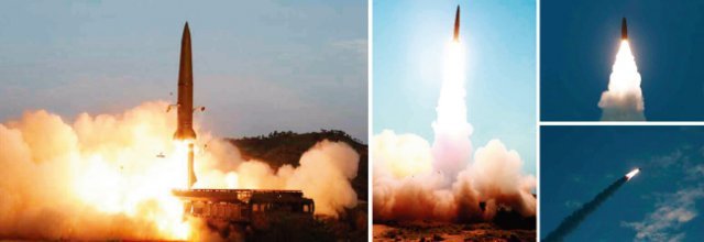 5월 북한 언론매체들이 공개한 북한판 이스칸데르 미사일 발사 장면. [노동신문]