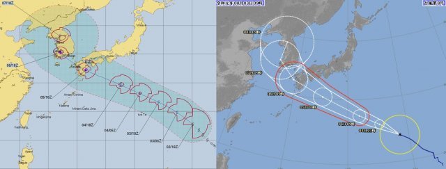 미국 합동태풍경보센터(JTWC·왼쪽)와 일본 기상청(오른쪽)의 태풍 프란시스코 예상 이동경로.