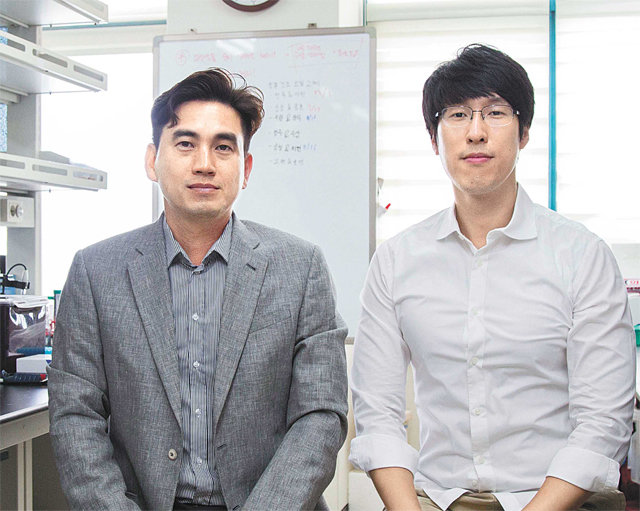 김유천 KAIST 생명화학공학과 교수(왼쪽)와 이대용 연구원은 암세포의 사멸을 유도하는 항암제를 개발했다. KAIST 제공