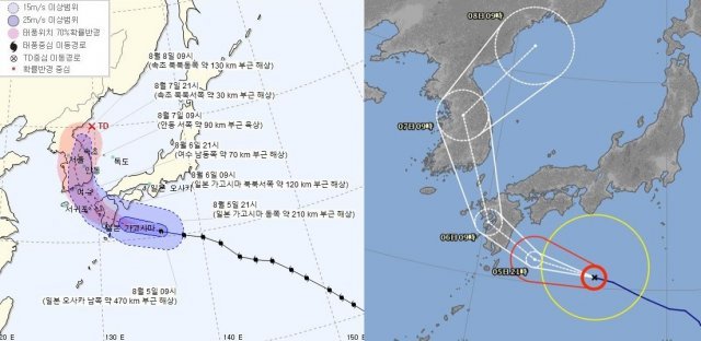 한국과 일본 기상청의 예보. 한일 기상당국은 태풍 프란시스코가 한반도를 관통한 뒤 동해상에서 소멸 수순을 밟을 것으로 예측했다.