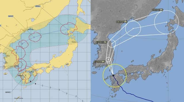 미국 합동태풍경보센터(JTWC·왼쪽)와 일본 기상청(오른쪽)은 프란시스코가 ‘C’자 형태로 커브를 그리며 다시 일본 홋카이도로 향할 것이라고 예상했다.