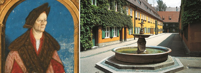 야코프 푸거의 초상화. 푸거는 성공한 기업인으로 근대 자본주의의 문을 연 인물로 평가받는다. 오른쪽 사진은 독일 아우크스부르크에 있는 푸거라이의 현재 모습. 푸거는 정원이 딸린 4채의 가옥과 토지를 매입하고 1516년부터 푸거라이를 건설하기 시작했다. 부키 제공