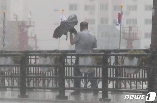 제8호 태풍 ‘프란시스코’가 북상중인 6일 오후 부산 영도다리 위로 한 시민이 강풍에 망가진 우산을 들고 빗속을 걷고 있다. 2019.8.6/뉴스1 © News1
