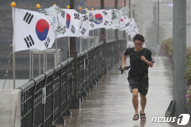 제8호 태풍 ‘프란시스코’가 북상 중인 6일 오후 부산 영도다리 위로 한 시민이 강풍에 우산을 펼치지 못한 채 빗속을 달리고 있다. 2019.8.6/뉴스1 © News1