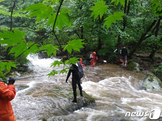 7일 오전 6시11분쯤 강원도 강릉시 성산면 보광리의 계곡에서 폭우로 계곡물이 불어나며 고립된 일가족 3명이 구조되고 있다.(강릉소방서 제공).2019.8.7/뉴스1 © News1