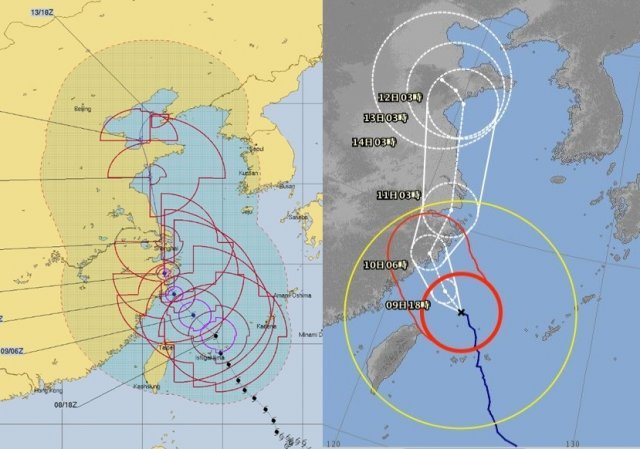 미국 합동태풍경보센터(JTWC)와 일본 기상청이 예측한 제9호 태풍 ‘레끼마’(Lekima)의 예측 경로.