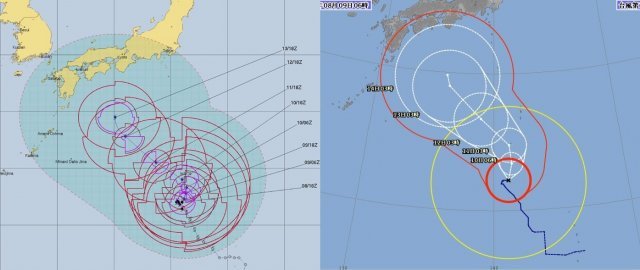 미국 합동태풍경보센터(JTWC)와 일본 기상청이 예측한 제10호 태풍 크로사(Krosa)의 예측 경로.