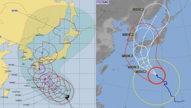 미국 합동태풍경보센터(JTWC)와 일본 기상청이 각각 예측한 태풍 크로사의 이동 경로.