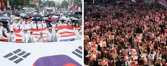 광복절인 15일 오후 6시부터 서울 광화문광장에서 시작된 ‘8·15 아베 규탄 범국민 촛불대회’ 참가자들이 ‘NO 아베!’라고 적힌 팻말을 들고 일본 아베 신조 정권의 역사 왜곡과 한국에 대한 경제 보복 조치를 규탄하고 있다(오른쪽 사진). 이날 오후 2시 반부터 서울시청 인근 도로에서 보수단체들이 개최한 ‘8·15 태극기 연합집회’에서는 비가 내리는 가운데 우비를 입은 참가자들이 문재인 정권 퇴진과 박근혜 전 대통령의 석방을 촉구했다. 뉴시스·최혁중 기자 sajinman@donga.com