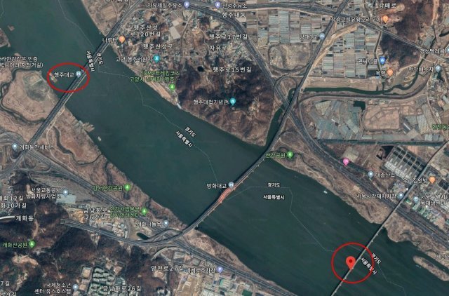 토막난 오른쪽 팔이 발견된 행주대교와 몸통이 발견된 마곡철교의 위치. 구글 지도 캡처