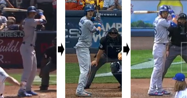 데뷔 시즌(2017년) 이후 변화한 코디 벨린저의 타격 자세(왼쪽 사진부터). 올해 데뷔 첫해와 비슷한 타격 자세로
돌아온 벨린저는 타석에서 시원한 장타(40홈런)와 정교함(타율 0.317)을 갖춘 완전체로 진화했다. MLB.com 캡처