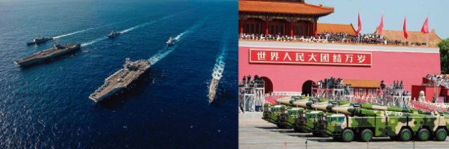 미국 레이건호와 스테니스호 등 항모 2척이 지난해 11월 남중국해에서 훈련하고 있는 모습(왼쪽). 중국이 건군절에 대함탄도미사일 DF-21D를 선보이고 있다. [US Navy, china.mil]