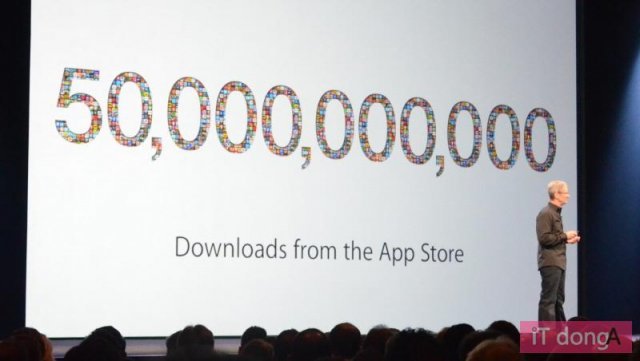 WWDC 2013 현장. 당시 애플 팀 쿡 CEO가 앱 다운로드 500억 건 돌파를 발표했다. (출처=IT동아)